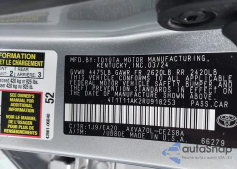 2024 Toyota Camry Se из США, поврежденный, VIN 4T1T11AK2RU918253